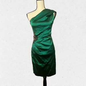 DAVID MEISTER Emerald Green One-Shoulder Knee-Length Dress Size 4